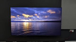 Samsung S95D showing image of sunset on lake