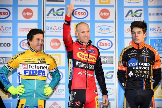 Klaas Vantornaout on the podium with Tom Meeusen and Wout Van Aert.