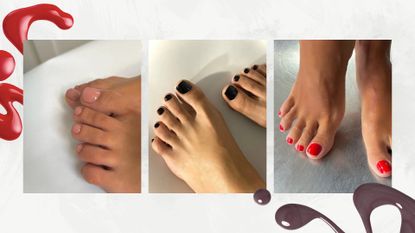 A collage of autumn pedicures: on the left is a picture of a nude pedicure, followed by a black pedicure in the middle and on the right, a bright red pedicure, all by celebrity nail artist Milly Mason (@millymason_)/ featured in a grey and white template with two nail polish spills.
