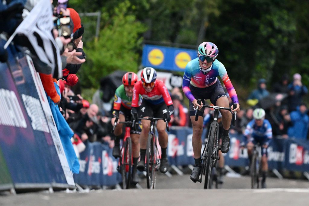 HUY BELGIUM APRIL 17 Race winner Katarzyna Niewiadoma of Poland and Team CanyonSRAM Racing attacks during the 27th La Fleche Wallonne Feminine 2024 a 146km one day race from Huy to Huy UCIWWT on April 17 2024 in Huy Belgium Photo by Dario BelingheriGetty Images