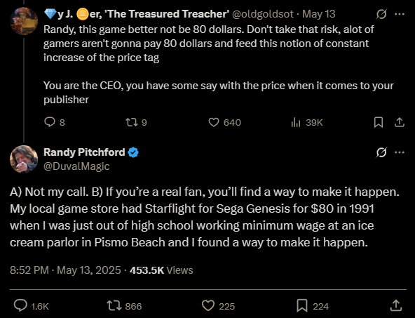 An exchange on X in which Randy Pitchford says 