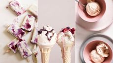 White chocolate ice lollies with plum and star anise, vanilla ice cream, icecream in bowls