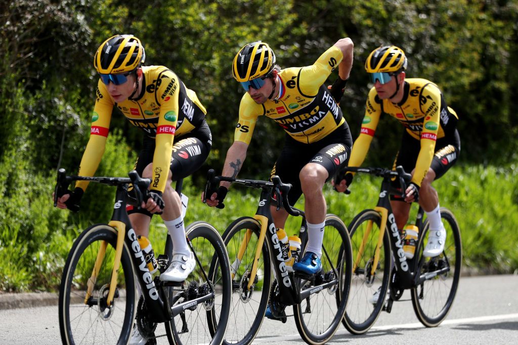 ZAMUDIO SPAIN APRIL 07 Primoz Roglic of Slovenia and Team Jumbo Visma yellow leader jersey during the 61st Itzulia Basque Country 2022 Stage 4 a 1856km stage from VitoriaGasteiz to Zamudio itzulia WorldTour on April 07 2022 in Zamudio Spain Photo by Gonzalo Arroyo MorenoGetty Images
