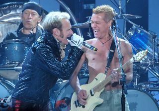 (from left) Alex Van Halen, David Lee Roth, and Eddie Van Halen perform onstage at the Mandalay Bay Resort & Casino in Las Vegas, Nevada on April 19, 2008