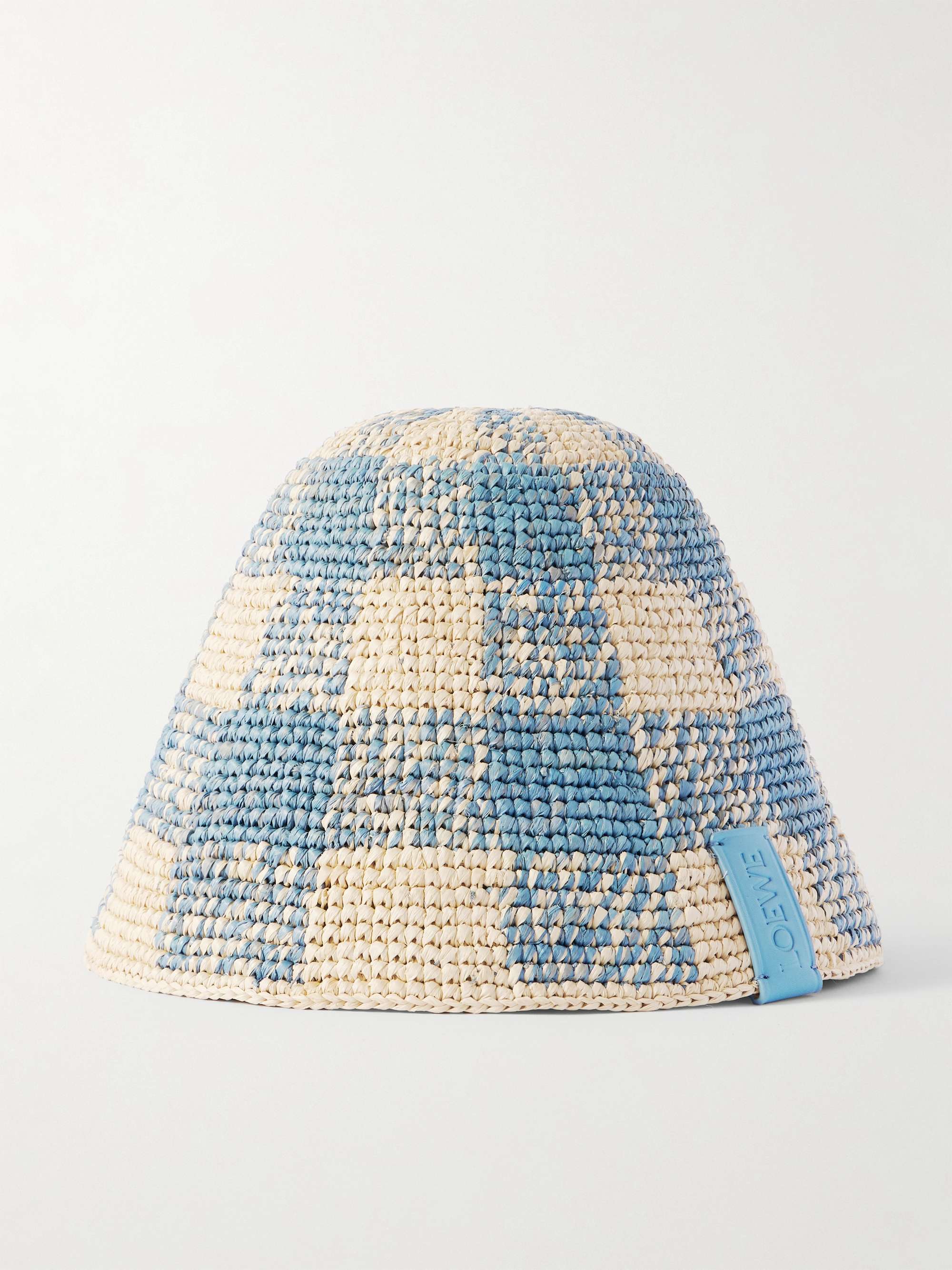 + Paula's Ibiza Leather-Trimmed Checked Raffia Bucket Hat