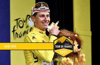 Team UAE Emirates' Tadej Pogacar of Slovenia wears the leader yellow jersey on podium after 8th stage of the 108th edition of the Tour de France cycling race, 150 km between Oyonnax and Le Grand-Bornand, on July 03, 2021. (Photo by Philippe LOPEZ / AFP) (Photo by PHILIPPE LOPEZ/AFP via Getty Images)