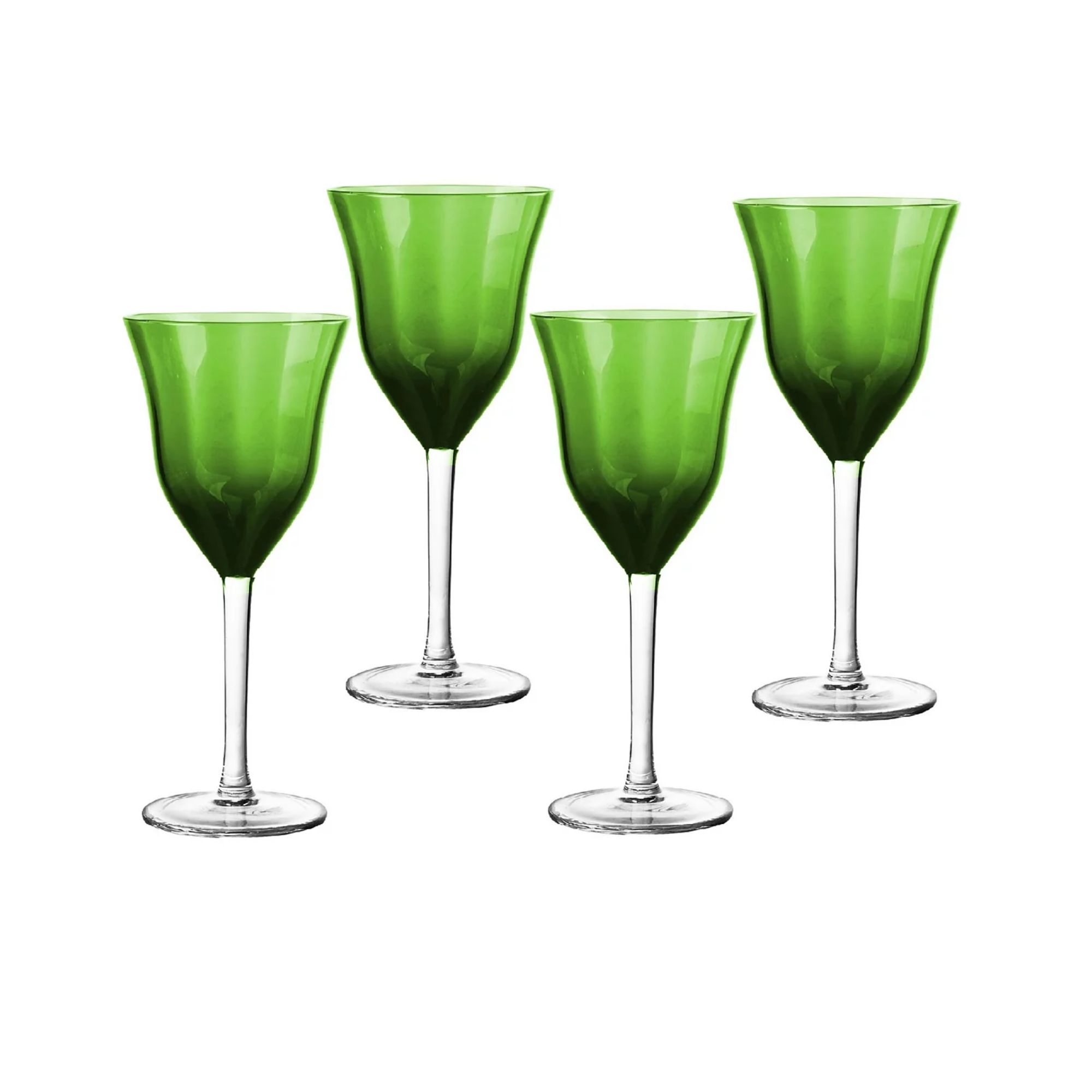 Four green fluted wine glasses with clear stems