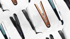 Collage of four of the best straighteners for curly hair featured in this guide from (left to right) Remington, Cloud Nine, ghd and Dyson, set at an angle and against a white painterly style background