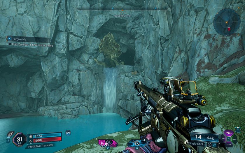 A cave with a skull and a waterfall where the Forgive Me quest begins