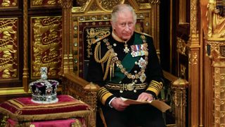 Prince Charles, Prince of Wales sits by the The Imperial State Crown
