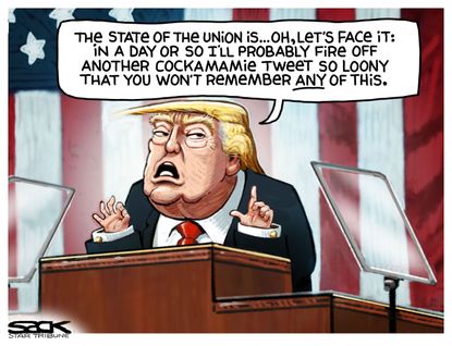 Political cartoon U.S. Trump tweets State of the Union