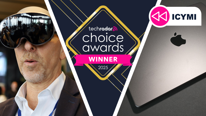 Lance weraing the Samsung Galaxy XR headset next to the M5 MacBook Pro and the TechRadar Choice Awards banner