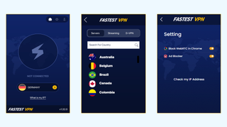 A series of screenshots displaying FastestVPN's interface