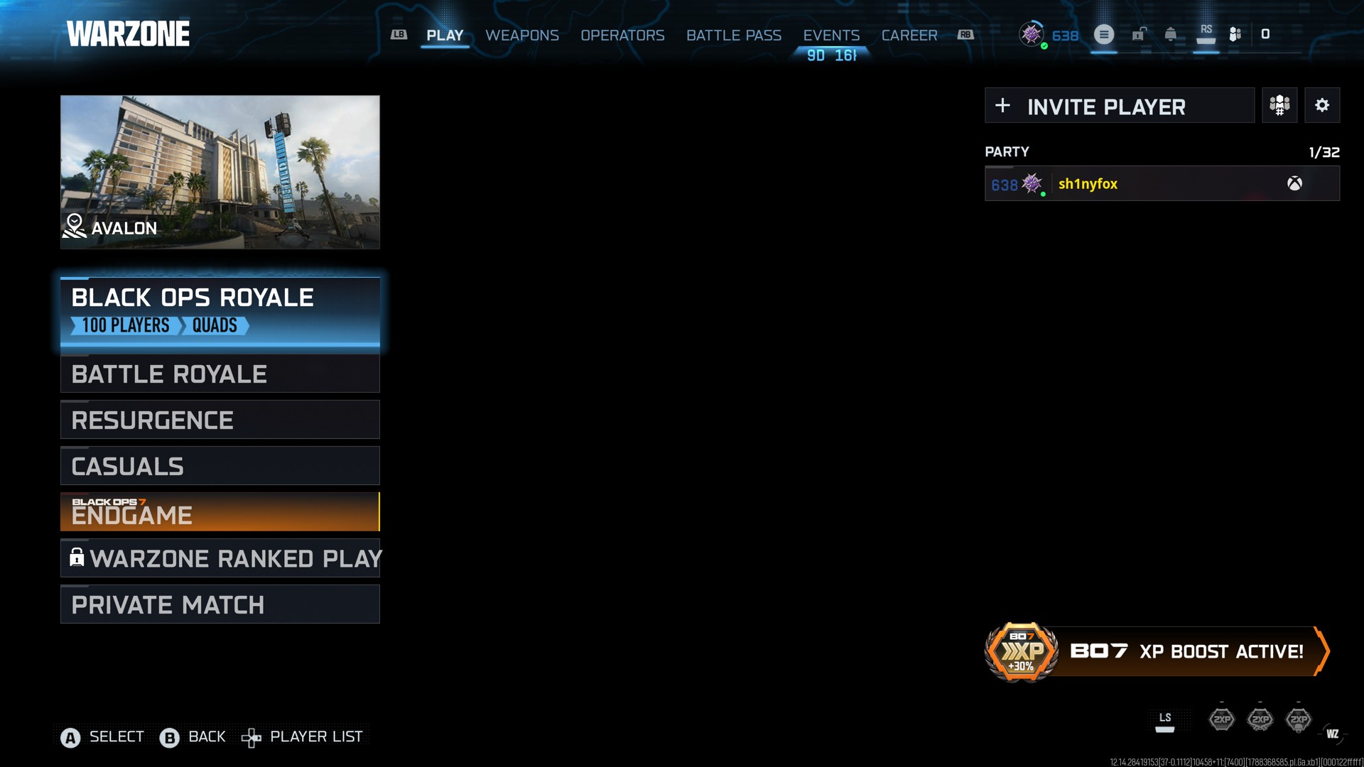 A screenshot of the Call of Duty: Warzone lobby on Xbox One showing no Store tab as it's been shut down.