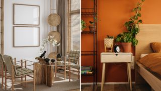 Compilation image of a Japandi living room and a burnt orange bedroom to show outdated interior design trends 2024