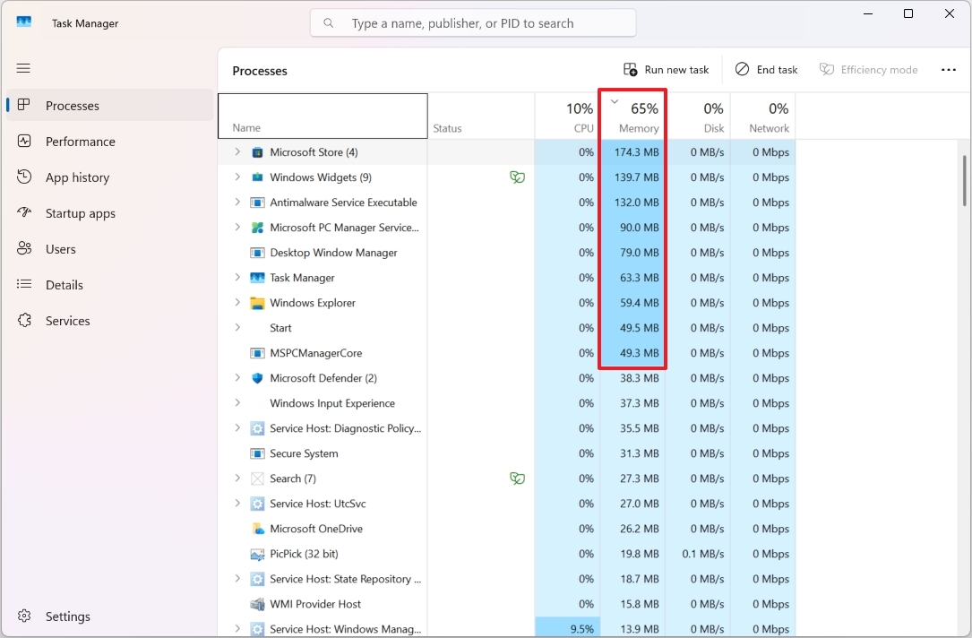 Task Manager memory usage