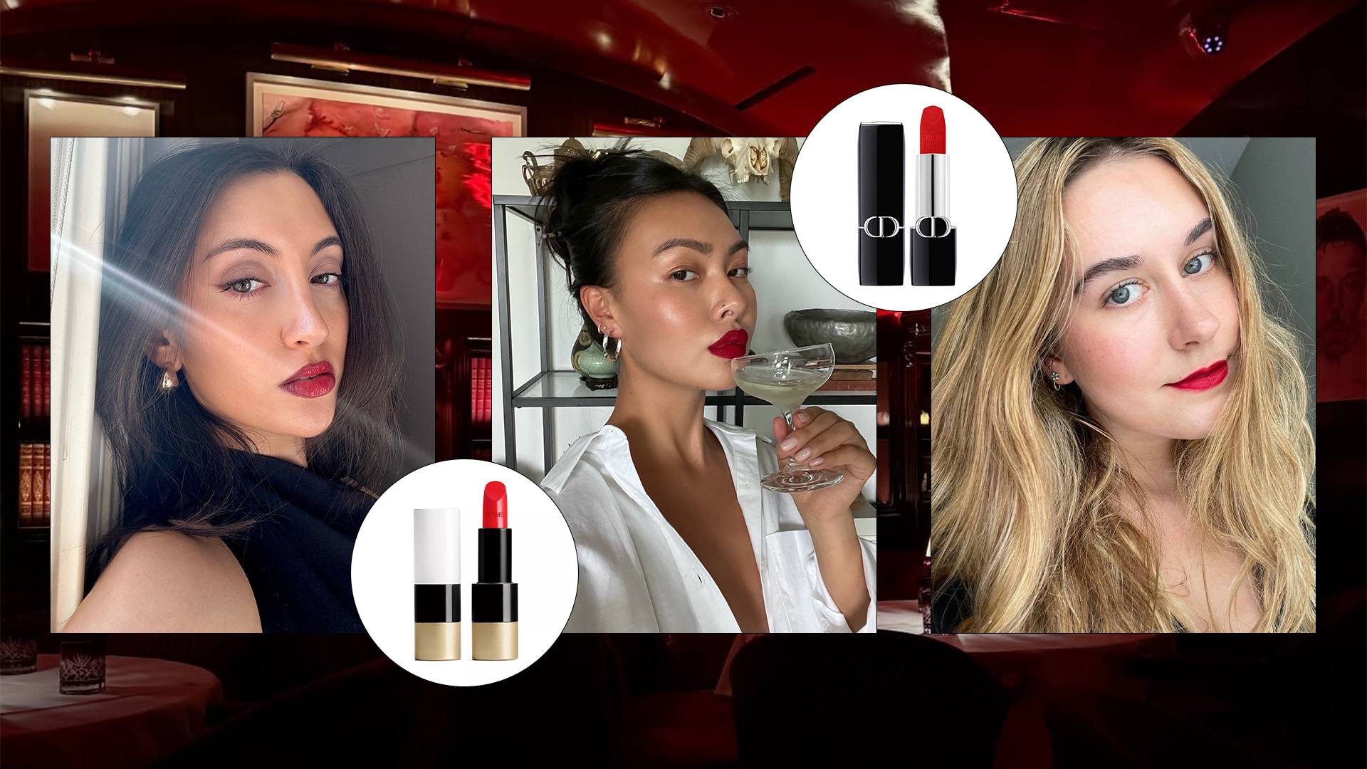 A collage of women wearing red lipstick.