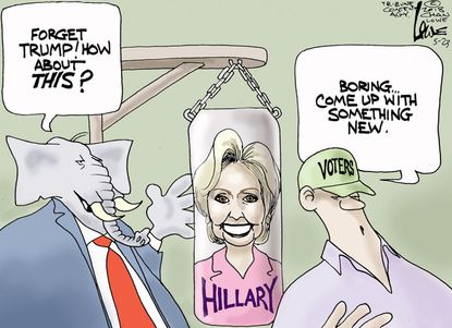 Political cartoon US Trump Hillary Clinton punching bag GOP voters 2016