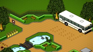 Habbo Hotel Origins screenshot showing an open park area with a fountain and a parked white bus