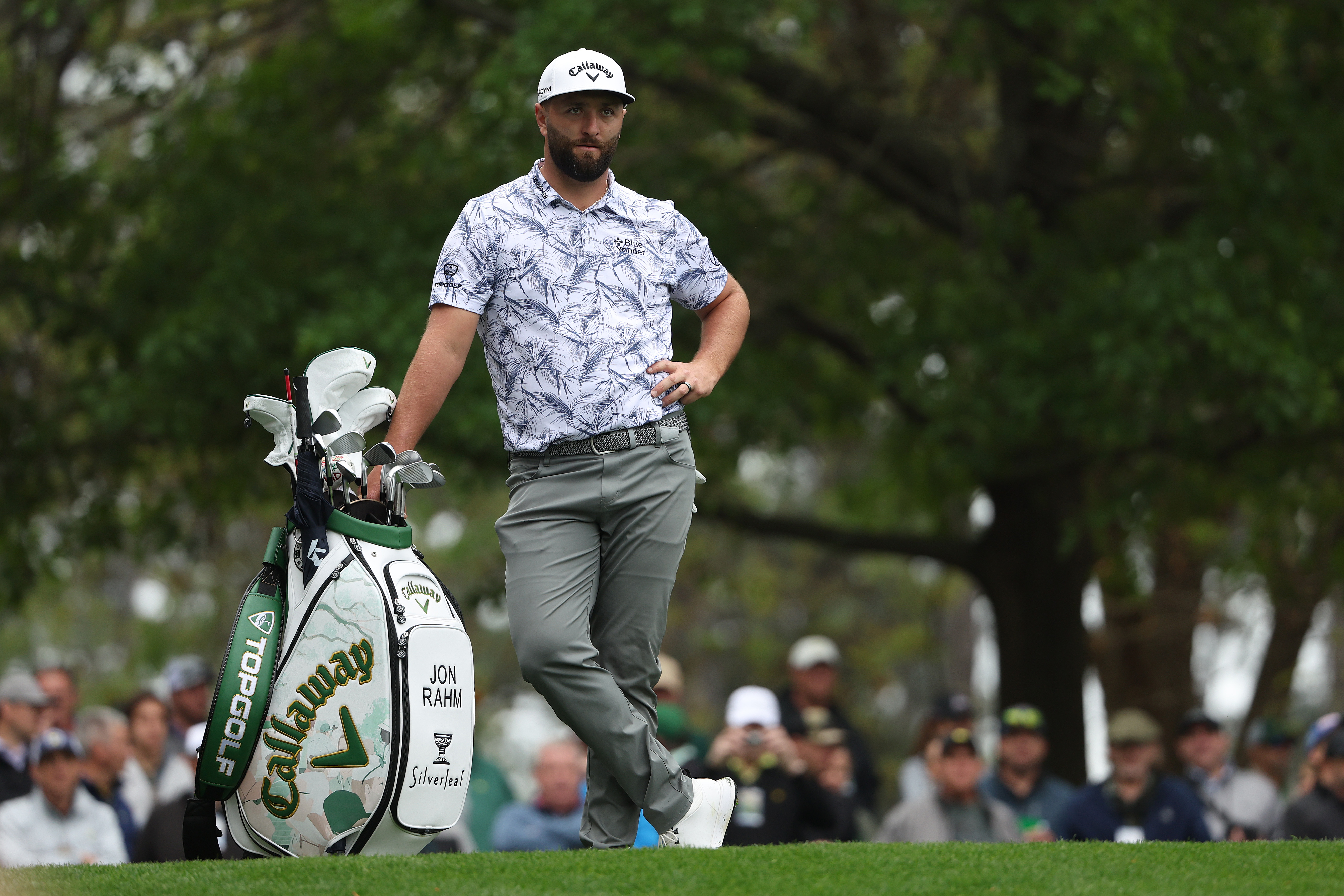 AUGUSTA, GEORGIA - APRIL 03: Jon Rahm of Spain looks on from the fourth tee during a practice round prior to the 2023 Masters Tournament at Augusta National Golf Club on April 03, 2023 in Augusta, Georgia. (Photo by Patrick Smith/Getty Images)