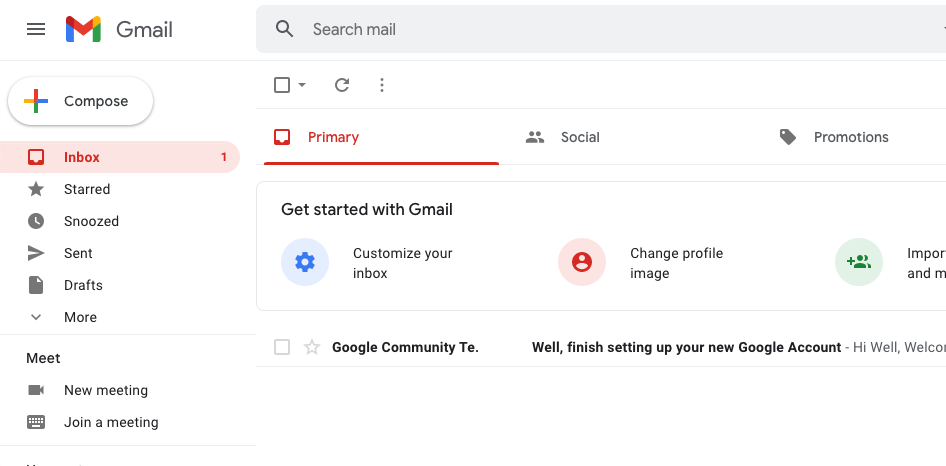 Как создать учетную запись Gmail - экран Gmail