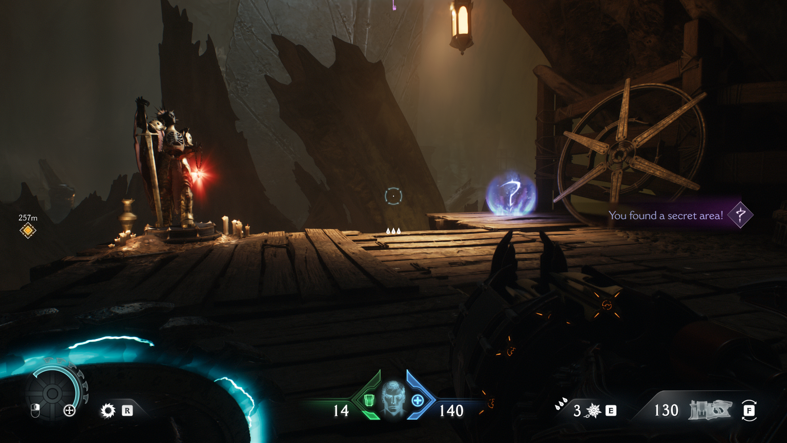 Doom: The Dark Ages Ancestral Forge secrets - A ruby statue and a collectible icon on a wooden platform overlooking the area.