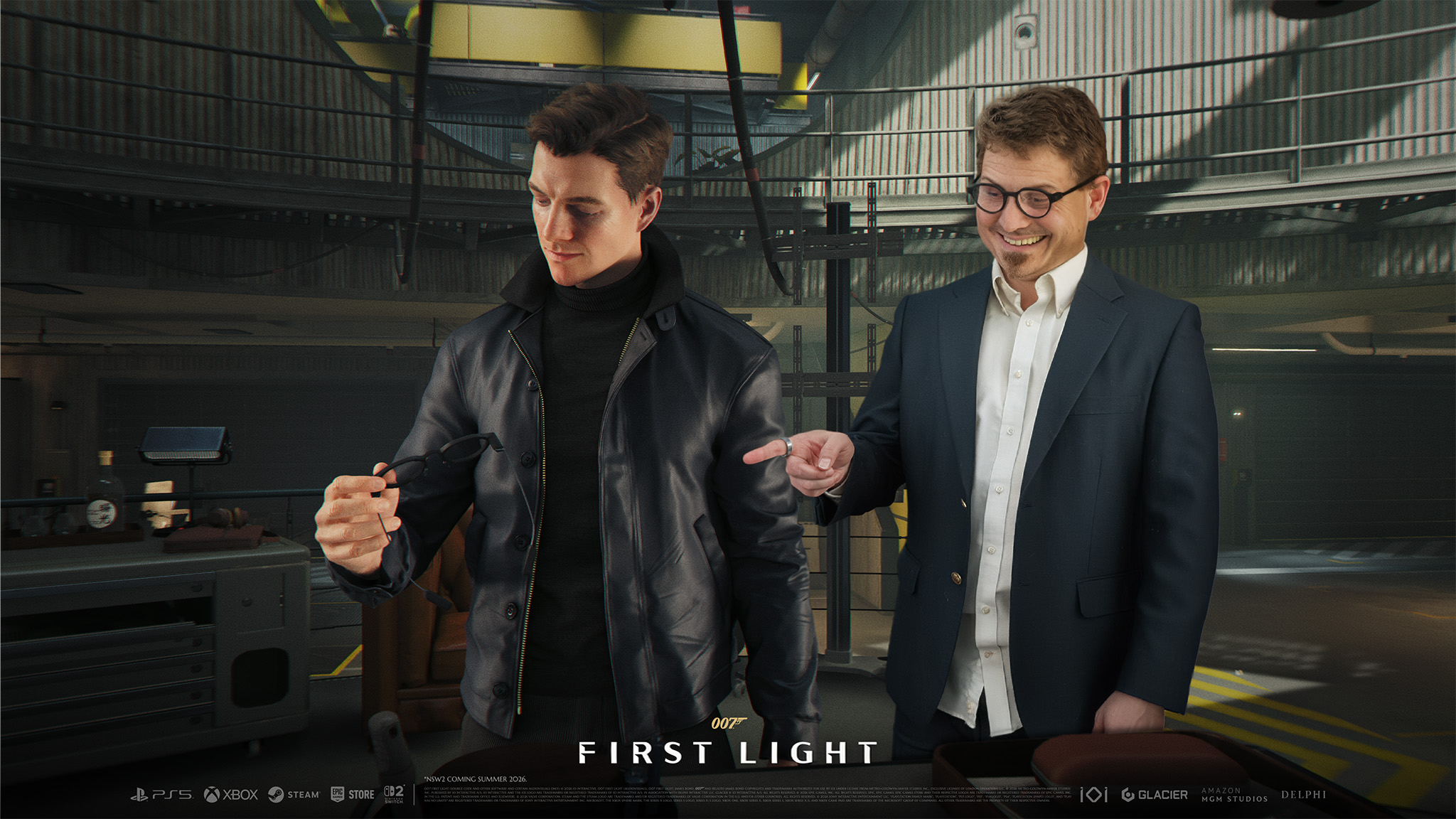 Nicholas Sutrich wearing Even Realities G2 smart glasses in a screenshot with James Bond holding the smart glasses in the 007 First Light game