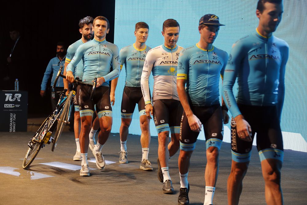 Astana riders take the stage for the team presentation in Turkey