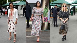 composite of three celebrities wearing midi skirts to wimbledon