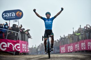 Team EOLO Kometa Cycling Team rider Italys Lorenzo Fortunato celebrates as he crosses the finish line to win the 14th stage of the Giro dItalia 2021 cycling race 205km between Citadella and Monte Zoncolan on May 22 2021 Photo by Tommaso Pelagalli AFP Photo by TOMMASO PELAGALLIAFP via Getty Images