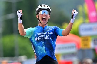 LAVAL FRANCE MAY 26 Valentin Retailleau of France and Decathlon AG2R La Mondiale Team celebrates at finish line as stage winner during the 49th Boucles de la Mayenne 2024 Stage 3 a 1693km stage from QuelainesSaintGault to Laval on May 26 2024 in Laval France Photo by Luc ClaessenGetty Images