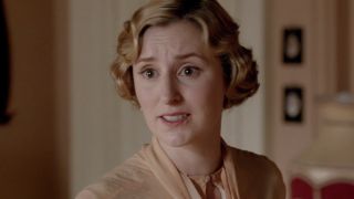 Laura Carmichael tears up while in conversation in Downton Abbey.