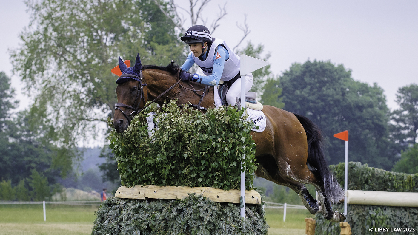 Luhm&amp;uuml;hlen Horse Trials cross-country: NZL-Muzi Pottinger rides Just Kidding during the Cross Country for the CCI5*-L. INterim-6th. 2023 GER-Longines Luhmuehlen Horse Trials. Luhmuehlen, Germany. Saturday 17 June 2023. Copyright Photo: Libby Law Photography