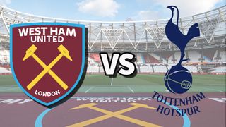 The West Ham United and Tottenham Hotspur club badges on top of a photo of London Stadium in London, England
