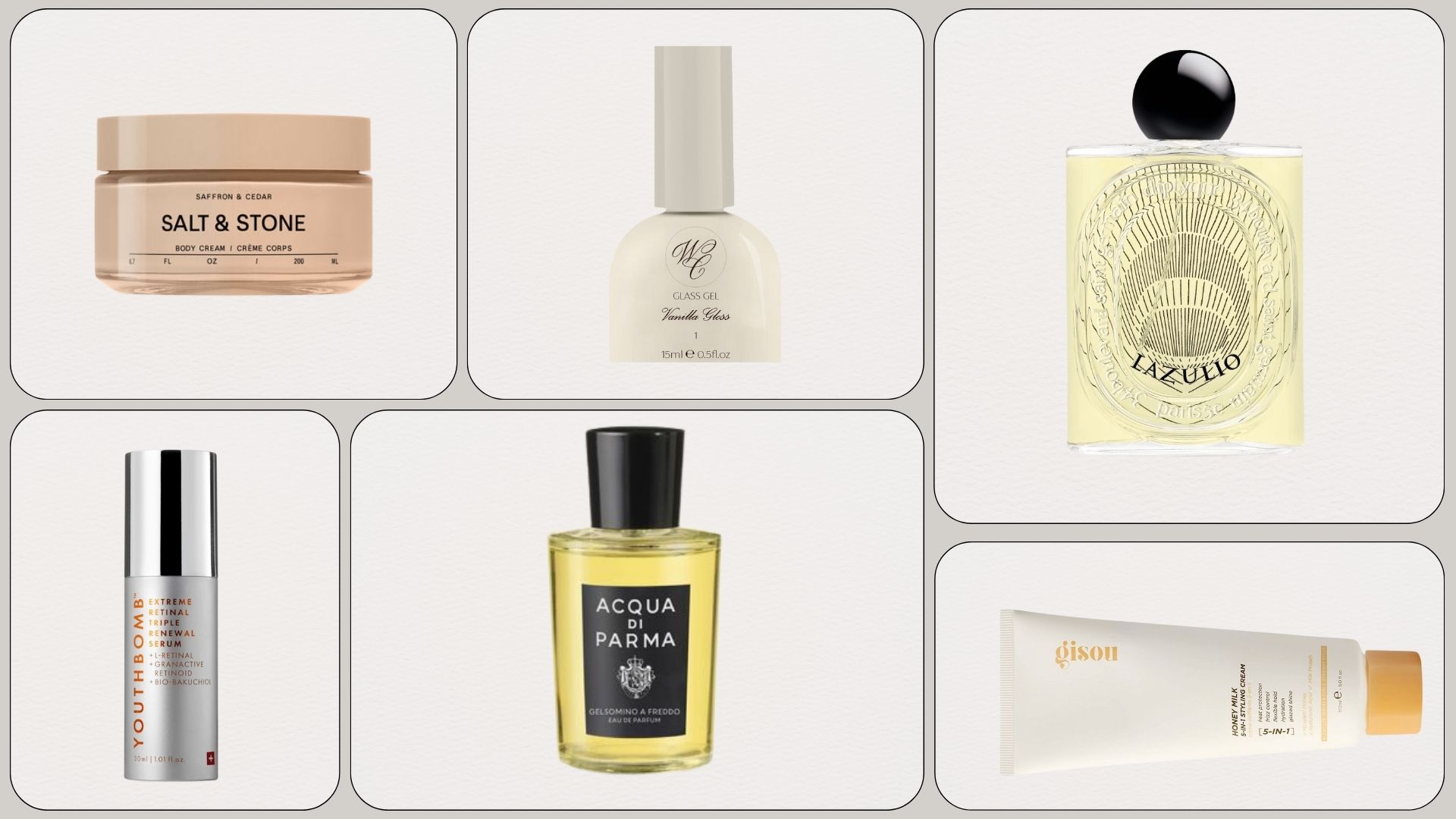 Graphic of the best new beauty products of the month featuring Salt &amp; Stone, Westmoreland Cosmetics, Diptyque, Beauty Pie, Acqua di Parma and Gisou products