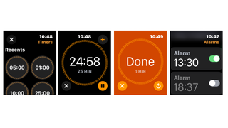 Screenshots of the Timer and Alarms app on the Apple Watch.