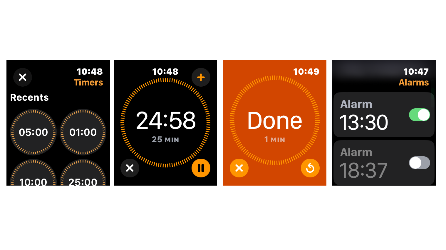 Screenshots of the Timer and Alarms app on the Apple Watch.