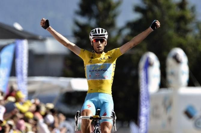 Vincenzo Nibali (Astana) defends his yellow jersey as he wins stage 13.