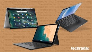 Tre Chromebooks på en baggrund med teksten "Best Chromebooks"