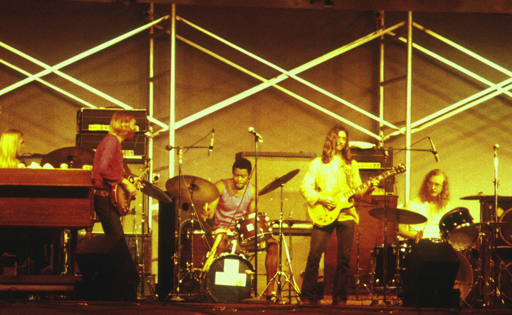 (from left) Gregg Allman, Duane Allman, Jai "Jaimoe" Johanson, Dickey Betts, and Butch Trucks, onstage at the Schaefer Music Festival in Central Park in New York City on July 21, 1971