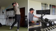 A golfer holds their finish on a drive and a custom fitter looking at their computer screens