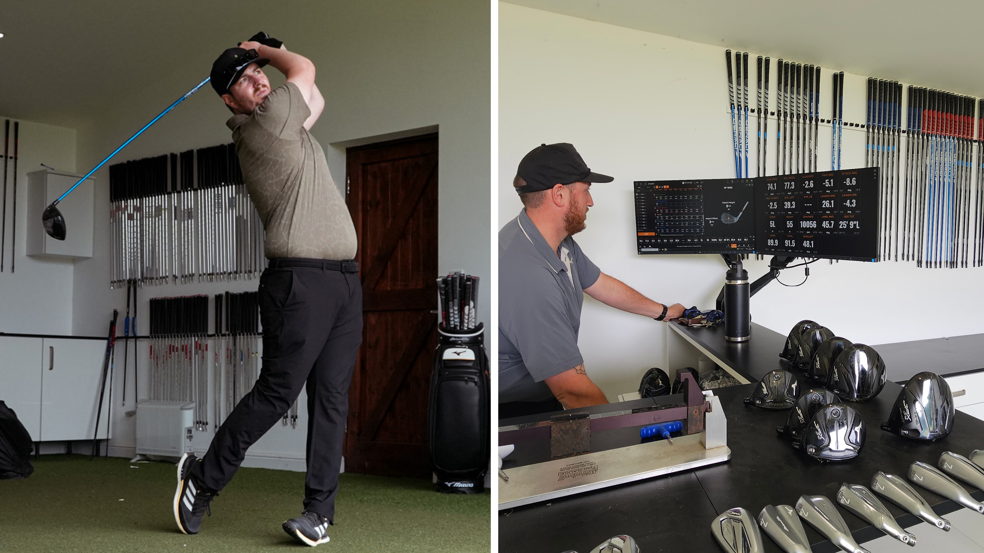 A golfer holds their finish on a drive and a custom fitter looking at their computer screens
