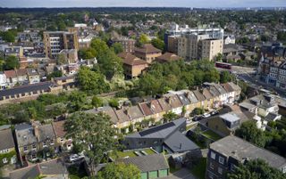 aerial of Threefold House in its London residential suburban context