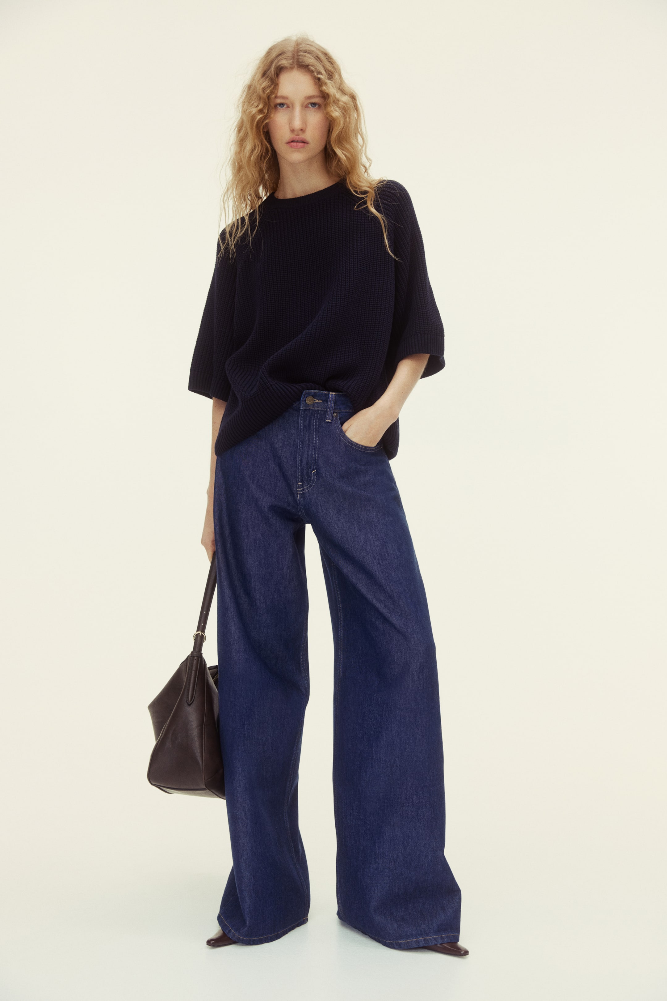 Wide High Waist Jeans - Dark Denim Blue