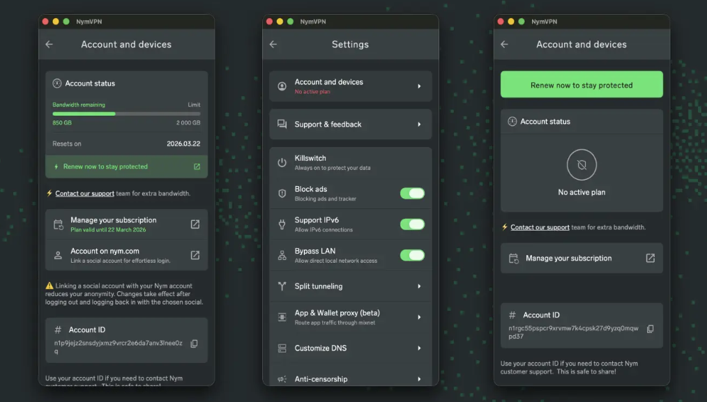 Screenshot of NymVPN's new UI (March 2026)