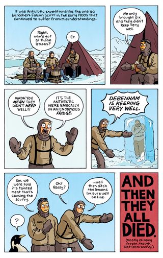 A comic strip shows explorers in Antarctica arguing about keeping lemons cold