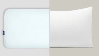 The image shows the Casper Hybrid with Snow Technology pillow on the left and the Coop Cool+ pillow on the right in a side by side comparison