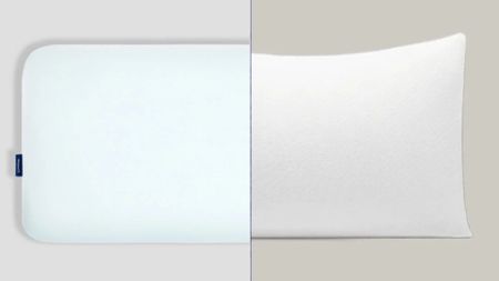 The image shows the Casper Hybrid with Snow Technology pillow on the left and the Coop Cool+ pillow on the right in a side by side comparison