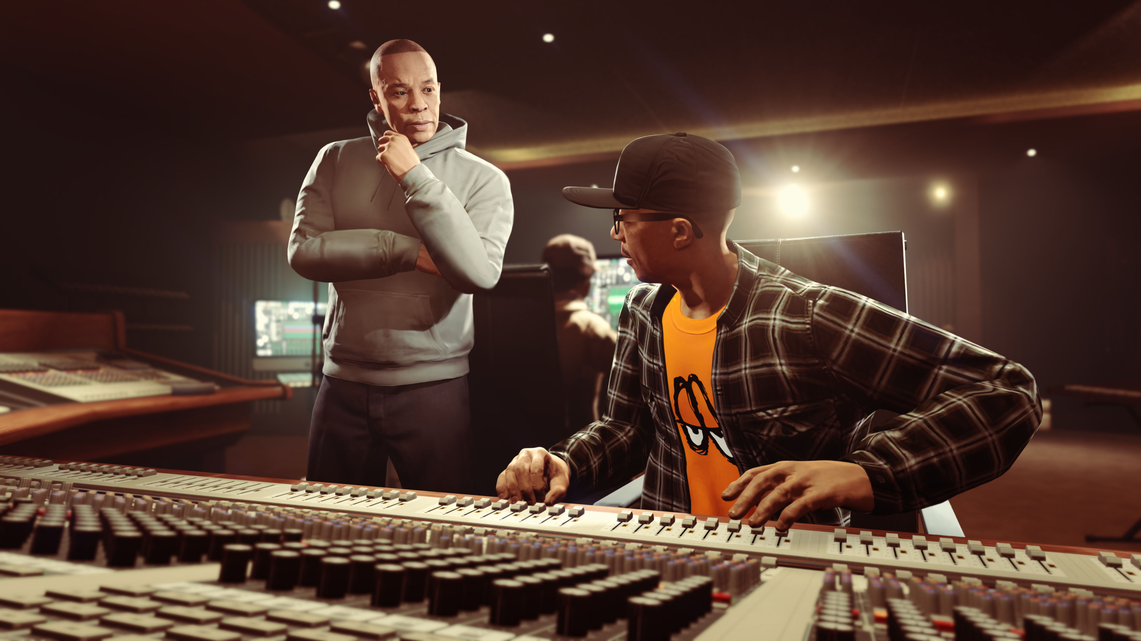 GTA Online picture showing Dr Dre&#039;s in-game character stood over a mixing board