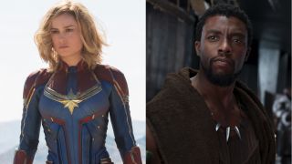 Brie Larson walks through the desert in Captain America and Chadwick Boseman stands in conversation in Black Panther, pictured side by side.